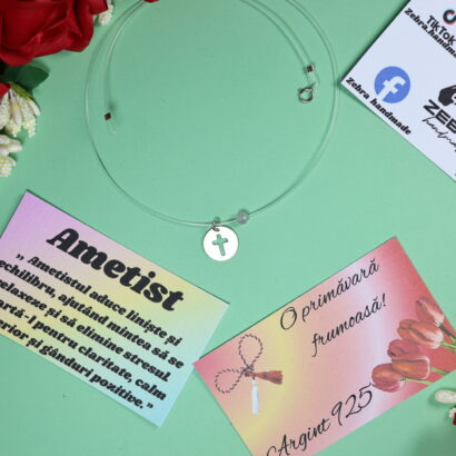 Lantisor fir transparent banut decupaj cruce piatra semiprețioase ametist